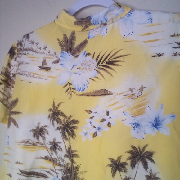 Gloria Vanderbilt Shirt Blouse S Button Short Sleeve Tropical Beach Yellow Brown - Picture 14 of 15
